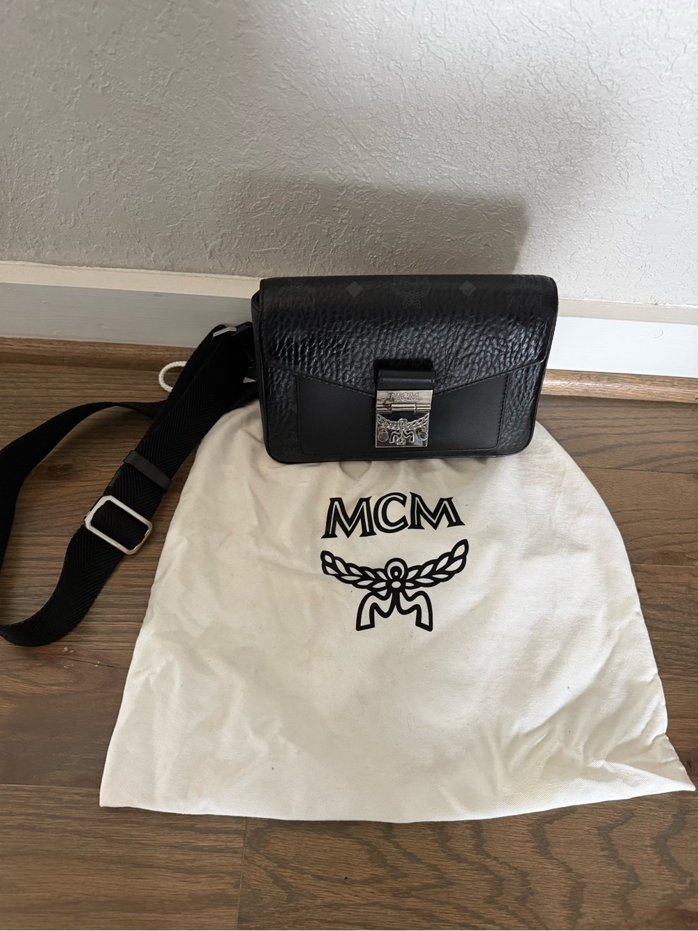 MCM Black Leather Shoulder Bag with Silver-Tone Logo Lock